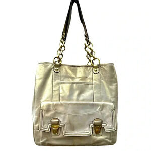 Coach Poppy Pushlock Leather North South Tote Shoulder Bag/Handbag-Gold Metallic